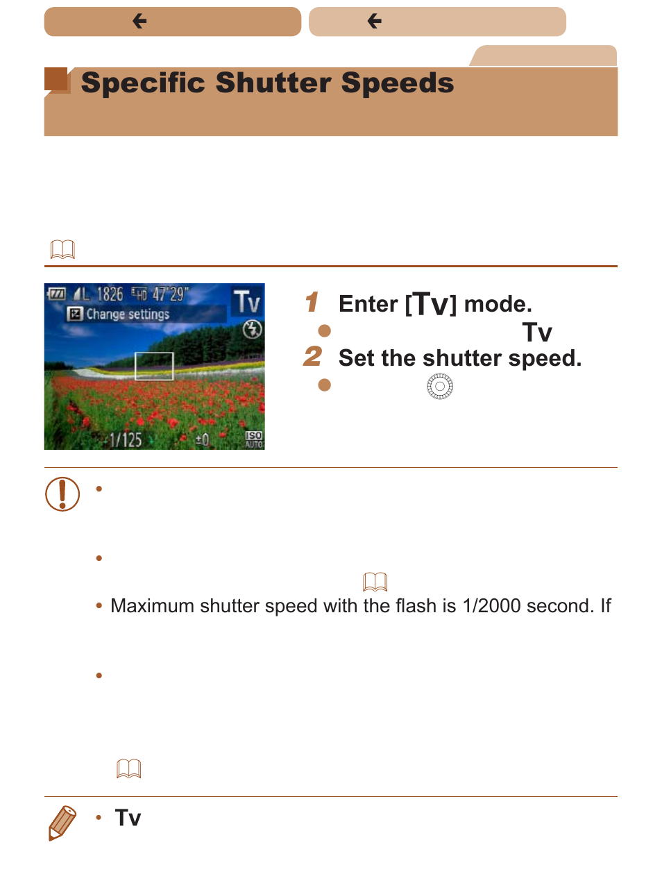 Specific shutter speeds, Tv] mode), Or shooting long exposures | Specific shutter speeds ([tv] mode), Enter [ m ] mode, Set the shutter speed | Canon PowerShot SX170 IS User Manual | Page 124 / 268