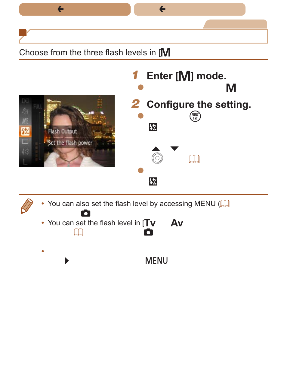 Adjusting the flash output, Enter [ d ] mode, Configure the setting | Canon PowerShot SX170 IS User Manual | Page 128 / 268