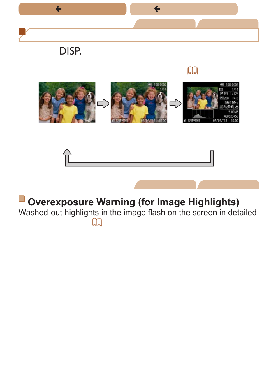 Switching display modes, Overexposure warning (for image highlights) | Canon PowerShot SX170 IS User Manual | Page 133 / 268