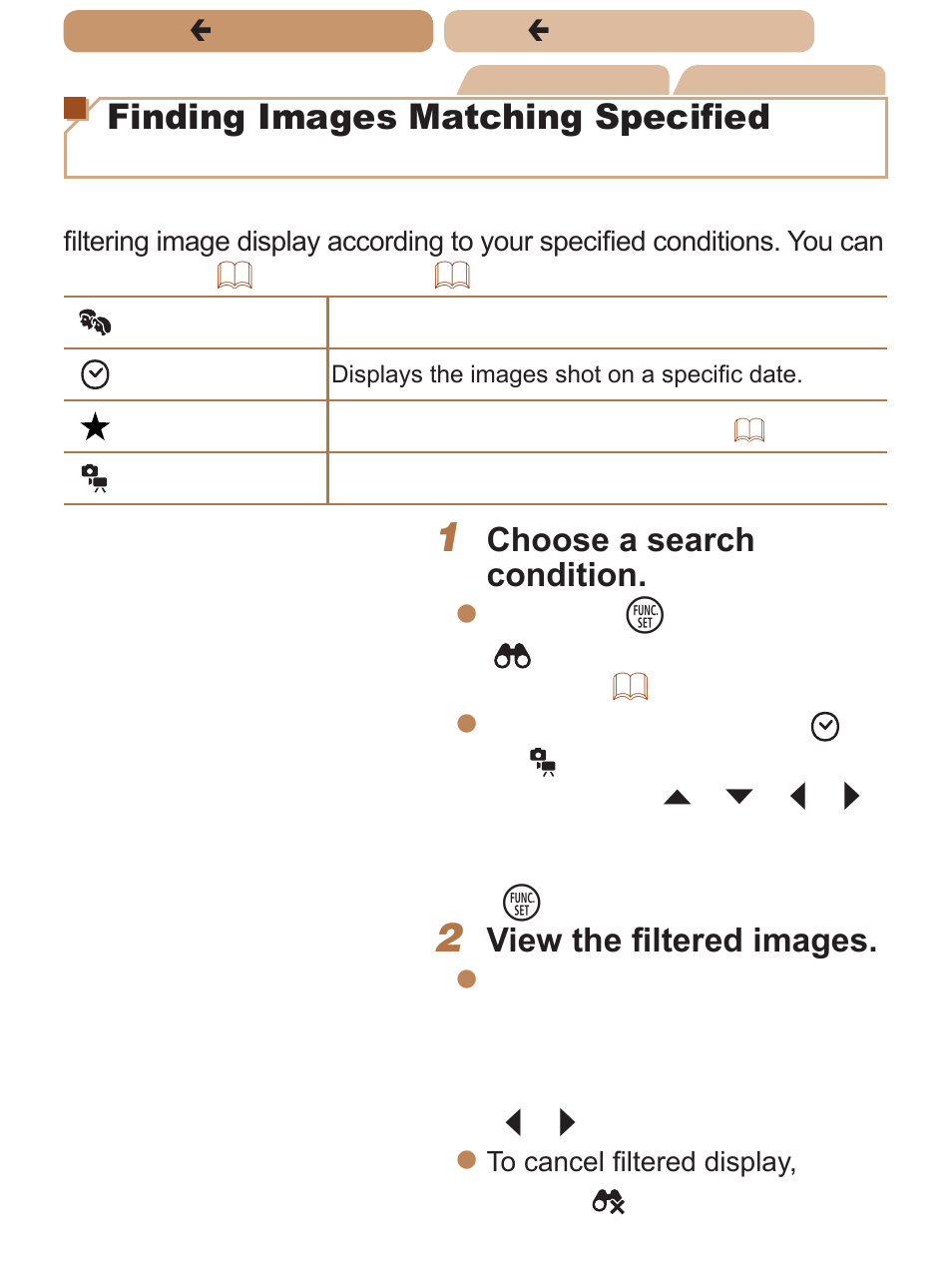 Finding images matching specified conditions, Choose a search condition, View the filtered images | Canon PowerShot SX170 IS User Manual | Page 136 / 268