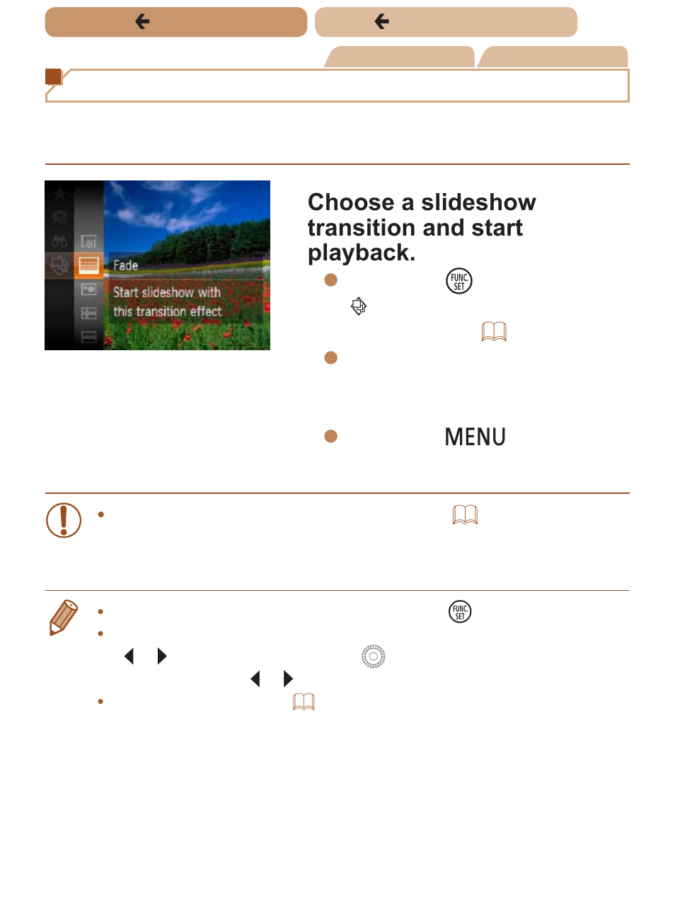 Iewing slideshows, Viewing slideshows, Choose a slideshow transition and start playback | Canon PowerShot SX170 IS User Manual | Page 139 / 268