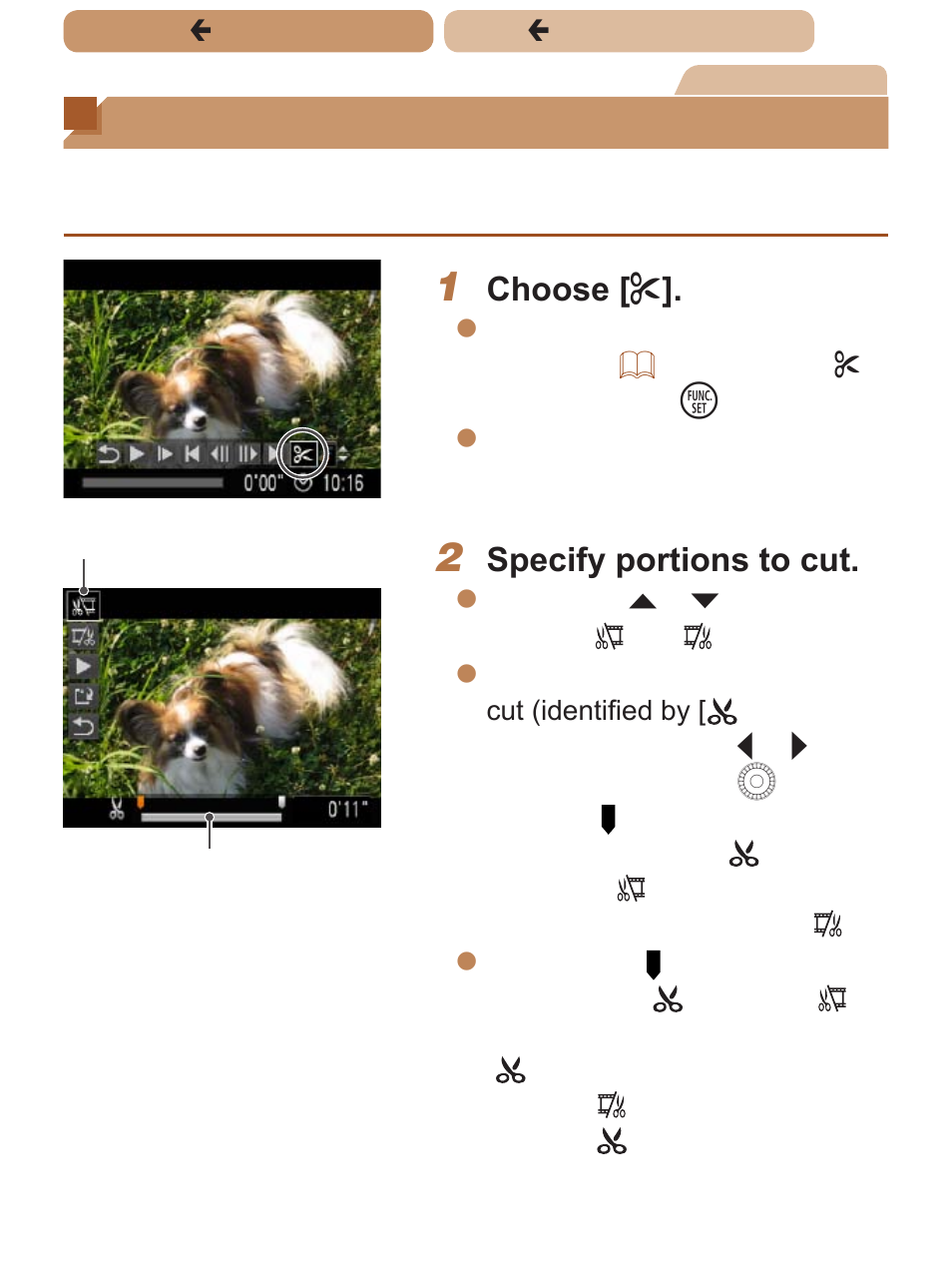 Editing movies, Choose, Specify portions to cut | Canon PowerShot SX170 IS User Manual | Page 165 / 268