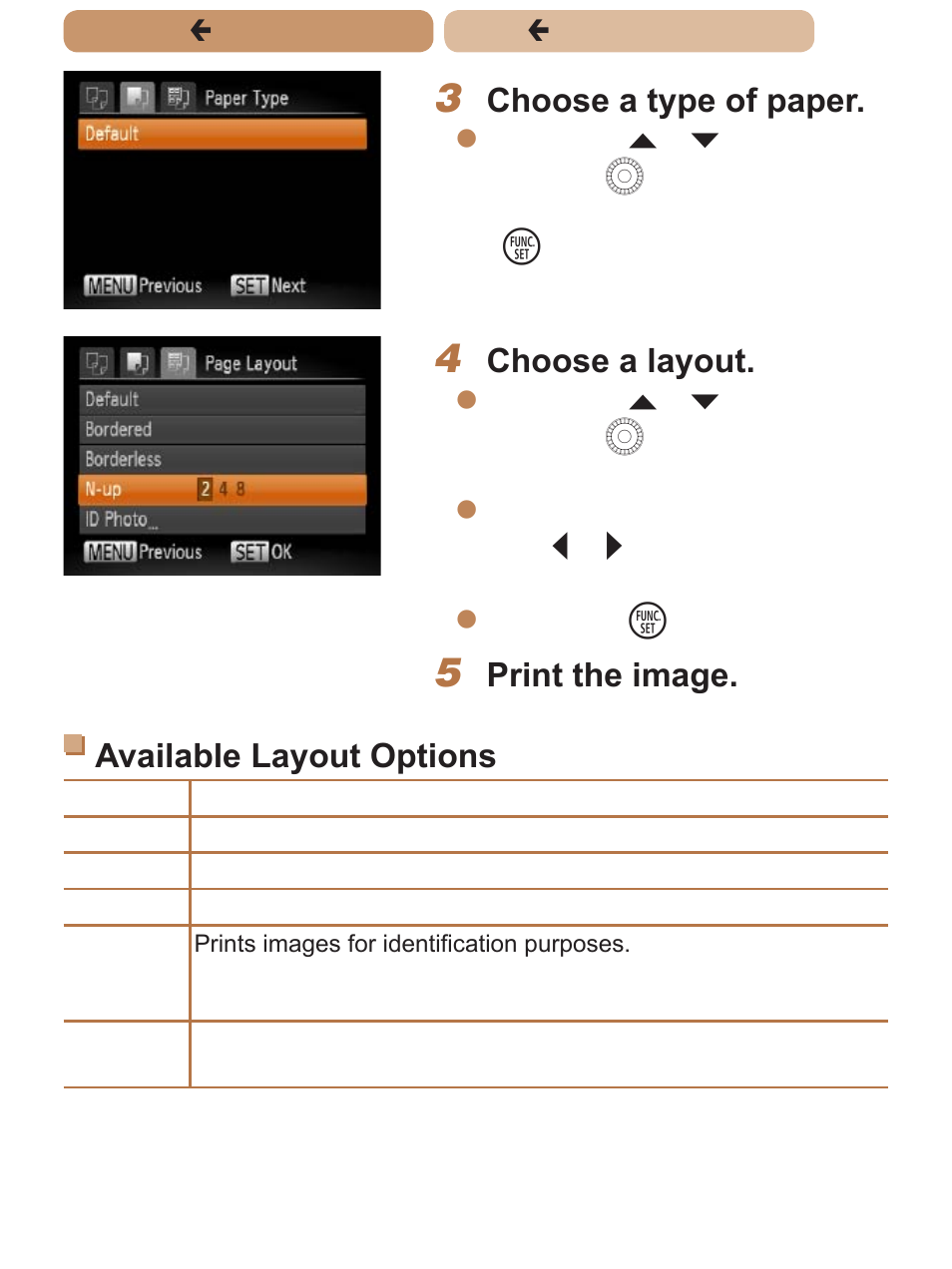 Choose a type of paper, Choose a layout, Print the image. available layout options | Canon PowerShot SX170 IS User Manual | Page 204 / 268