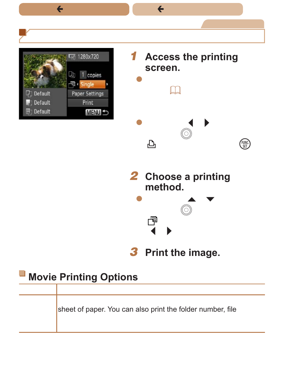 Printing movie scenes, Access the printing screen, Choose a printing method | Print the image. movie printing options | Canon PowerShot SX170 IS User Manual | Page 206 / 268