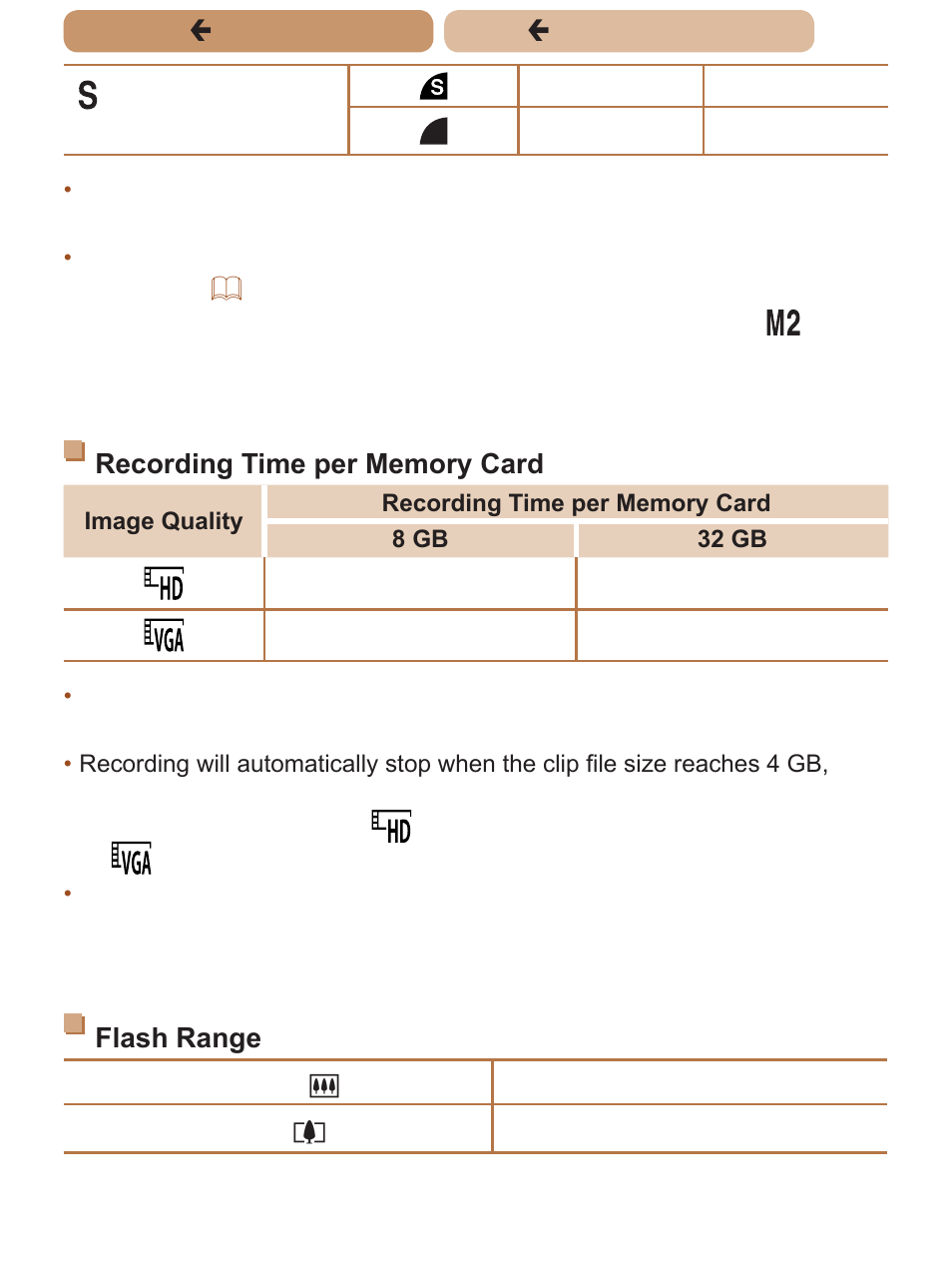 Flash, Range, Recording time per memory card | Flash range, Time, Çcontents ç chapter contents | Canon PowerShot SX170 IS User Manual | Page 258 / 268