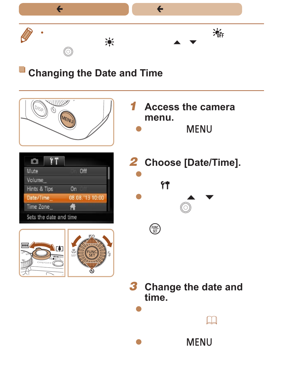 Changing the date and time, Access the camera menu, Choose [date/time | Change the date and time | Canon PowerShot SX170 IS User Manual | Page 28 / 268