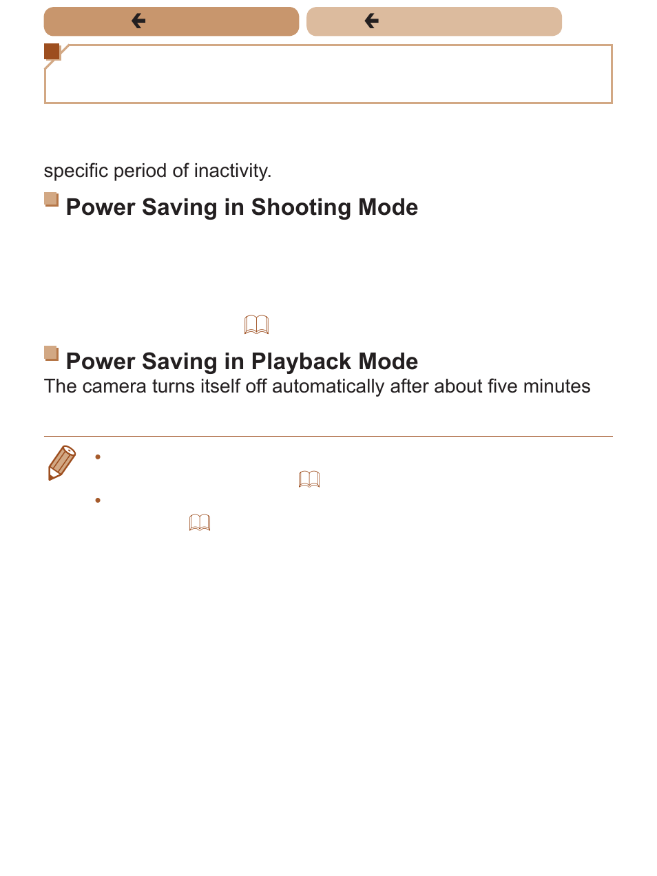 Power-saving features (auto power down), Power saving in shooting mode, Power saving in playback mode | Canon PowerShot SX170 IS User Manual | Page 39 / 268