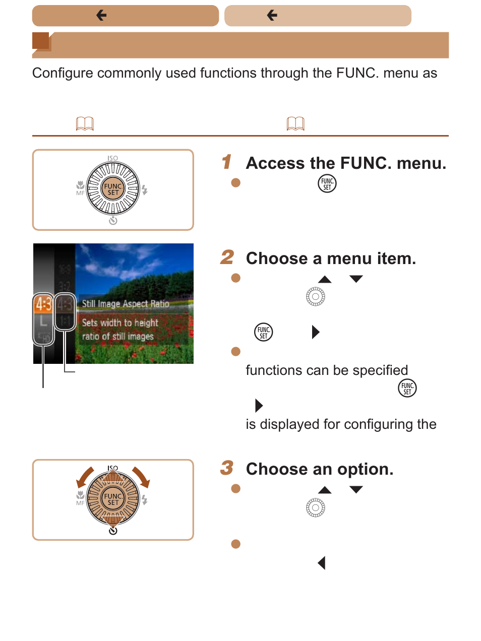 Using the func. menu, Access the func. menu, Choose a menu item | Choose an option | Canon PowerShot SX170 IS User Manual | Page 43 / 268