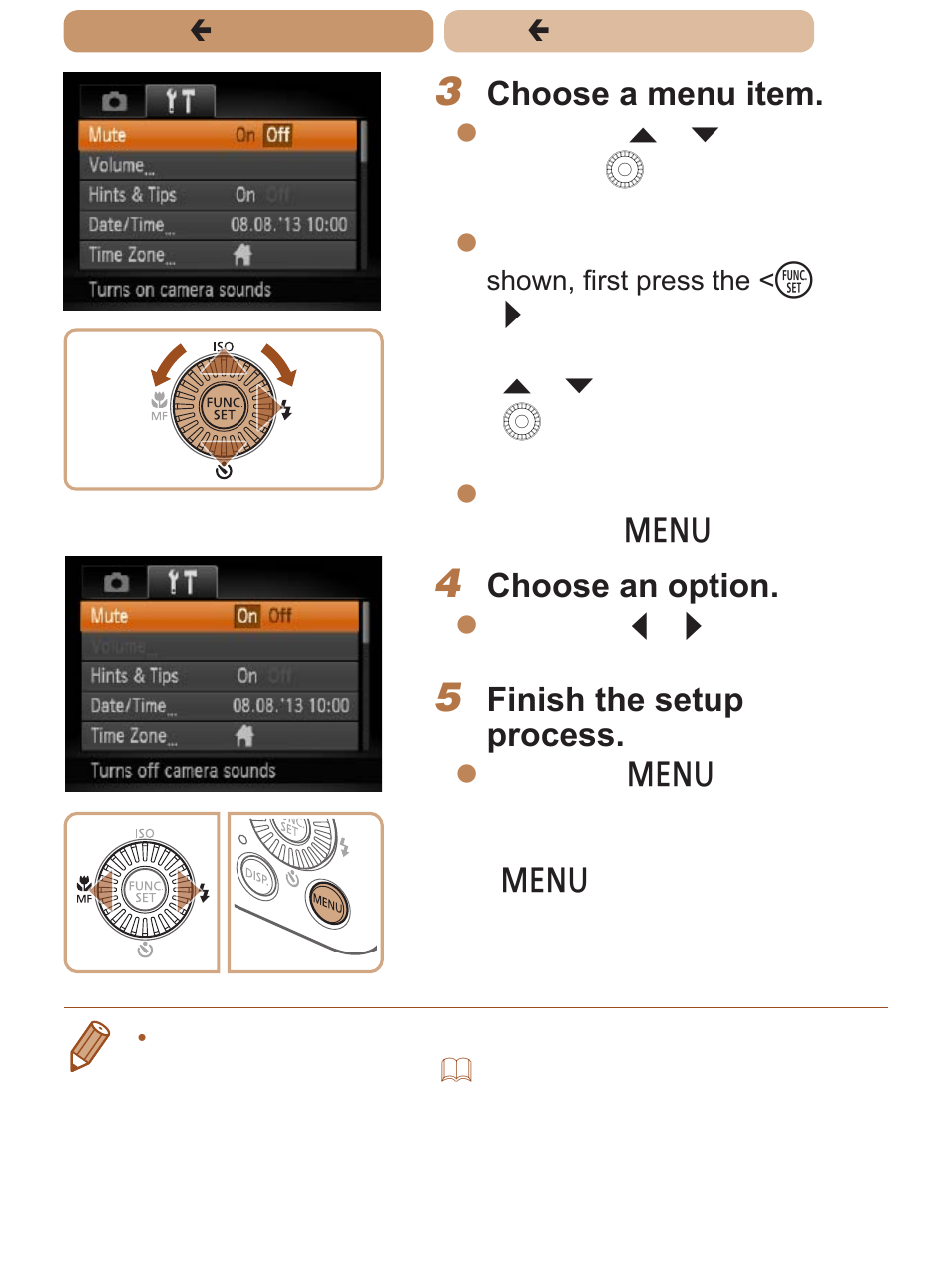 Choose a menu item, Choose an option, Finish the setup process | Canon PowerShot SX170 IS User Manual | Page 46 / 268