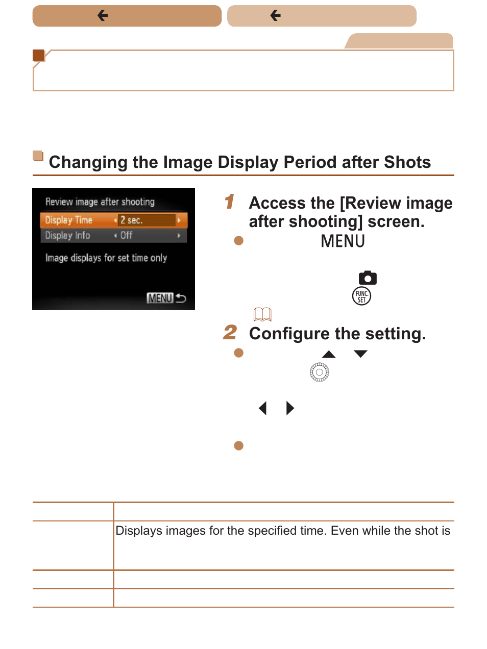 Changing the image display style after shots, Changing the image display period after shots, Access the [review image after shooting] screen | Configure the setting | Canon PowerShot SX170 IS User Manual | Page 76 / 268