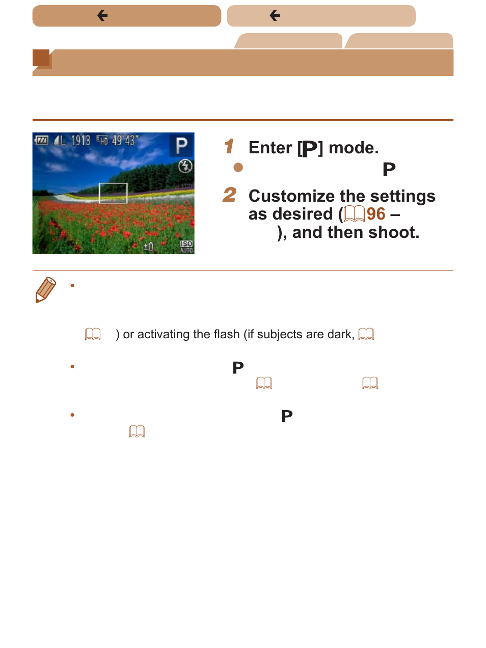 Shooting in program ae, P] mode), Shooting in program ae ([p] mode) | Enter [ g ] mode | Canon PowerShot SX170 IS User Manual | Page 95 / 268