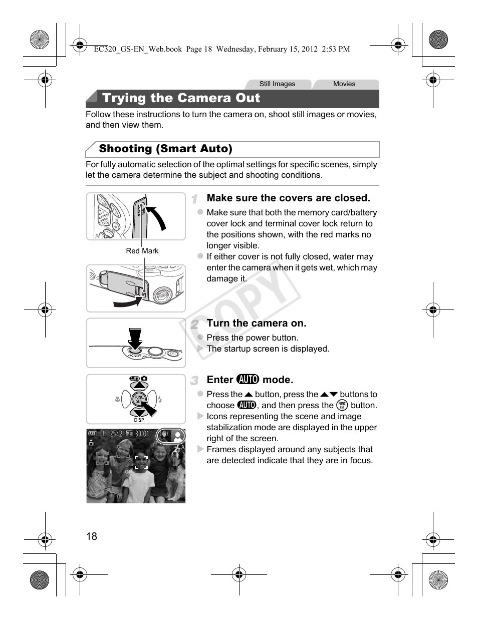 Trying the camera out, Cop y | Canon PowerShot D20 User Manual | Page 18 / 36