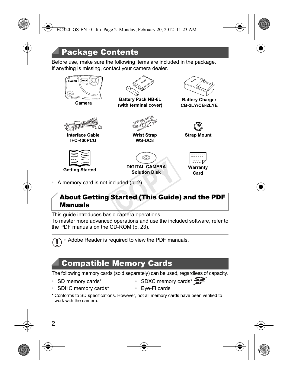 Cop y, Package contents | Canon PowerShot D20 User Manual | Page 2 / 36