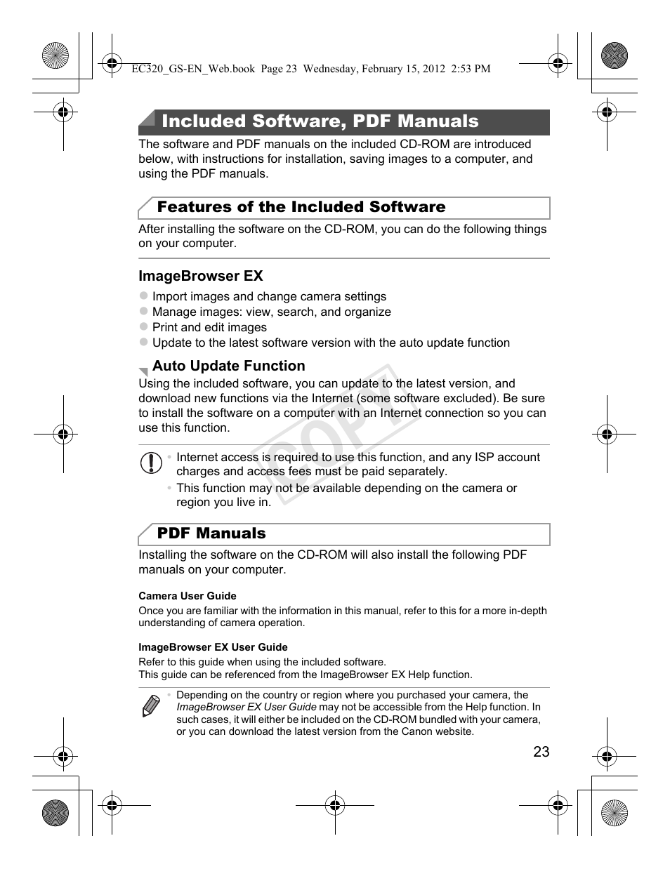 Included software, pdf manuals, Cop y | Canon PowerShot D20 User Manual | Page 23 / 36