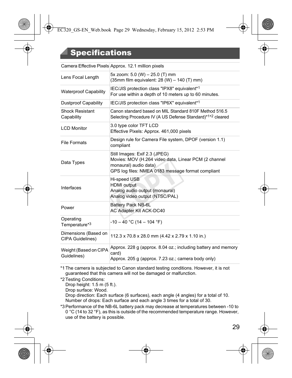 Specifications” (p. 29), Specifications” (p. 29)), Specifications | Cop y | Canon PowerShot D20 User Manual | Page 29 / 36