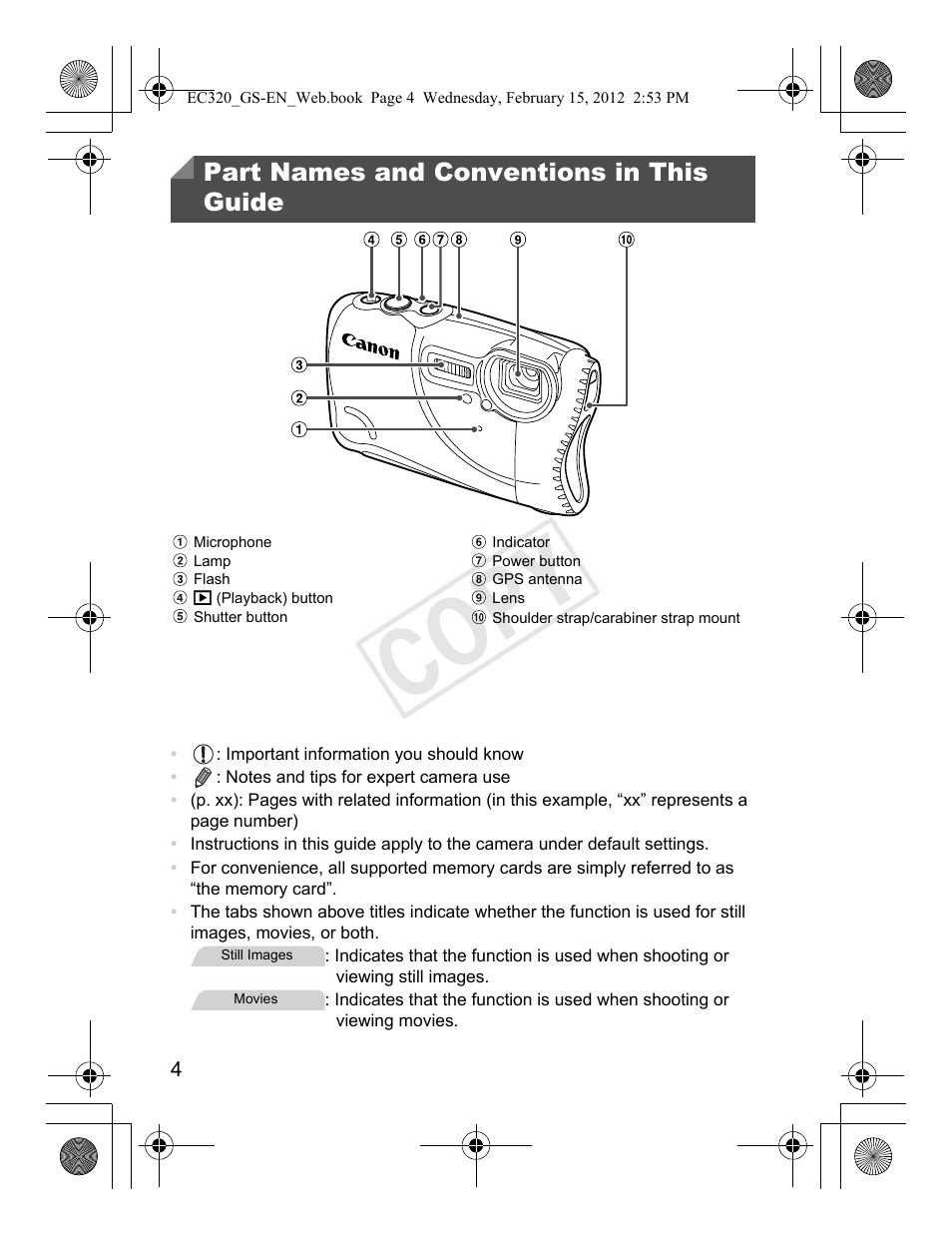 Cop y | Canon PowerShot D20 User Manual | Page 4 / 36