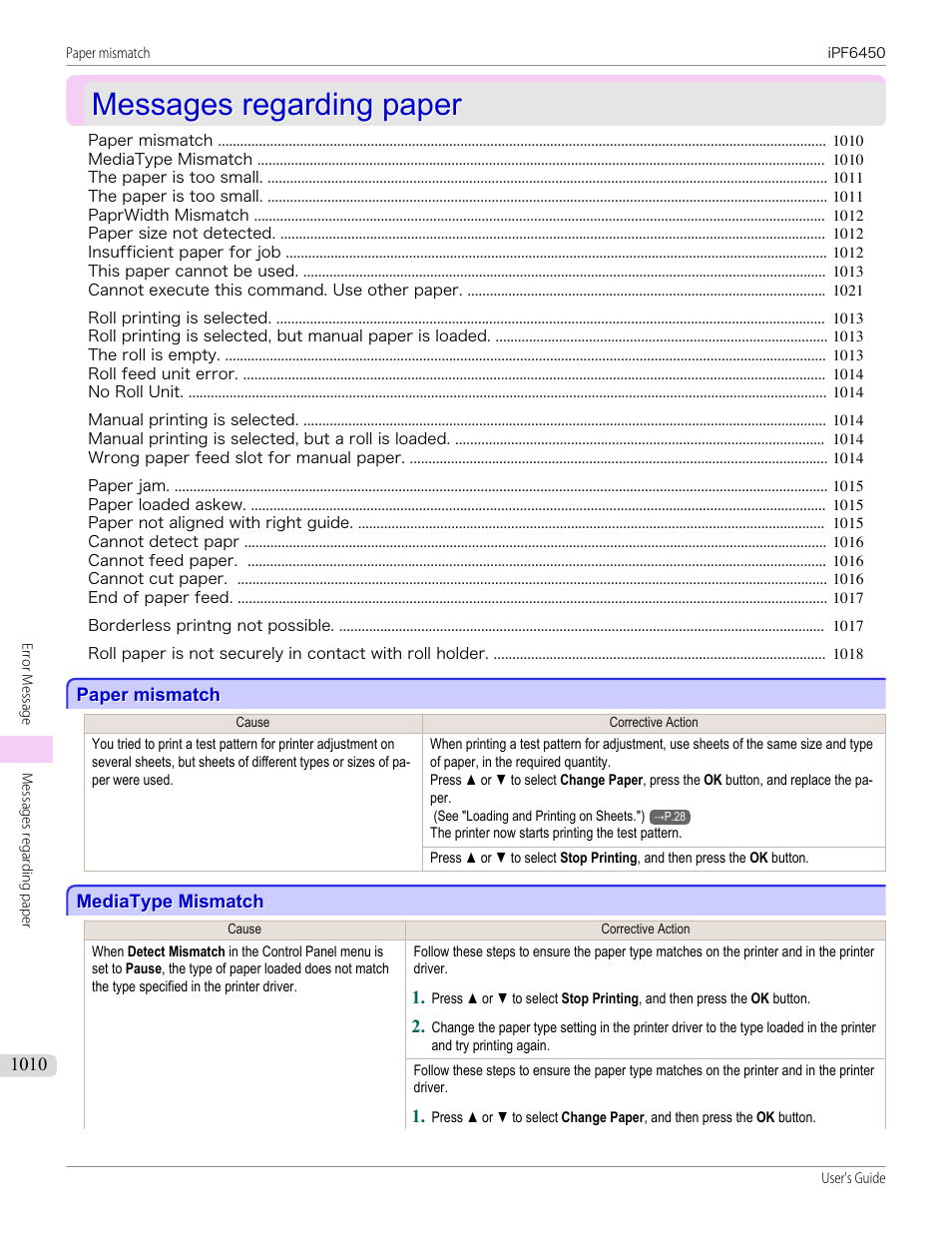 Messages regarding paper, Paper mismatch, Mediatype mismatch | Paper mismatch 0 mediatype mismatch 0, Messages regarding paper 0, Mediatype mismatch 0, Paper mismatch 0 | Canon imagePROGRAF iPF6450 User Manual | Page 1010 / 1066