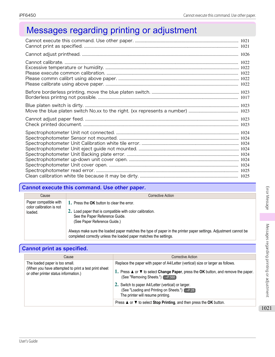 Messages regarding printing or adjustment, Cannot execute this command. use other paper, Cannot print as specified | Messages regarding printing or adjustment 1, Cannot execute this command. use other paper 1, Cannot print as specified 1 | Canon imagePROGRAF iPF6450 User Manual | Page 1021 / 1066