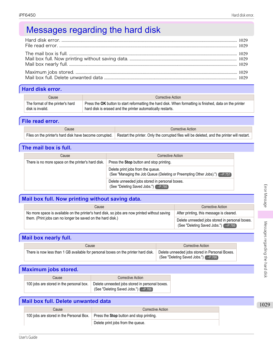 Messages regarding the hard disk, Hard disk error, File read error | The mail box is full, Mail box full. now printing without saving data, Mail box nearly full, Maximum jobs stored, Mail box full. delete unwanted data, Messages regarding the hard disk 9, File read error 9 | Canon imagePROGRAF iPF6450 User Manual | Page 1029 / 1066