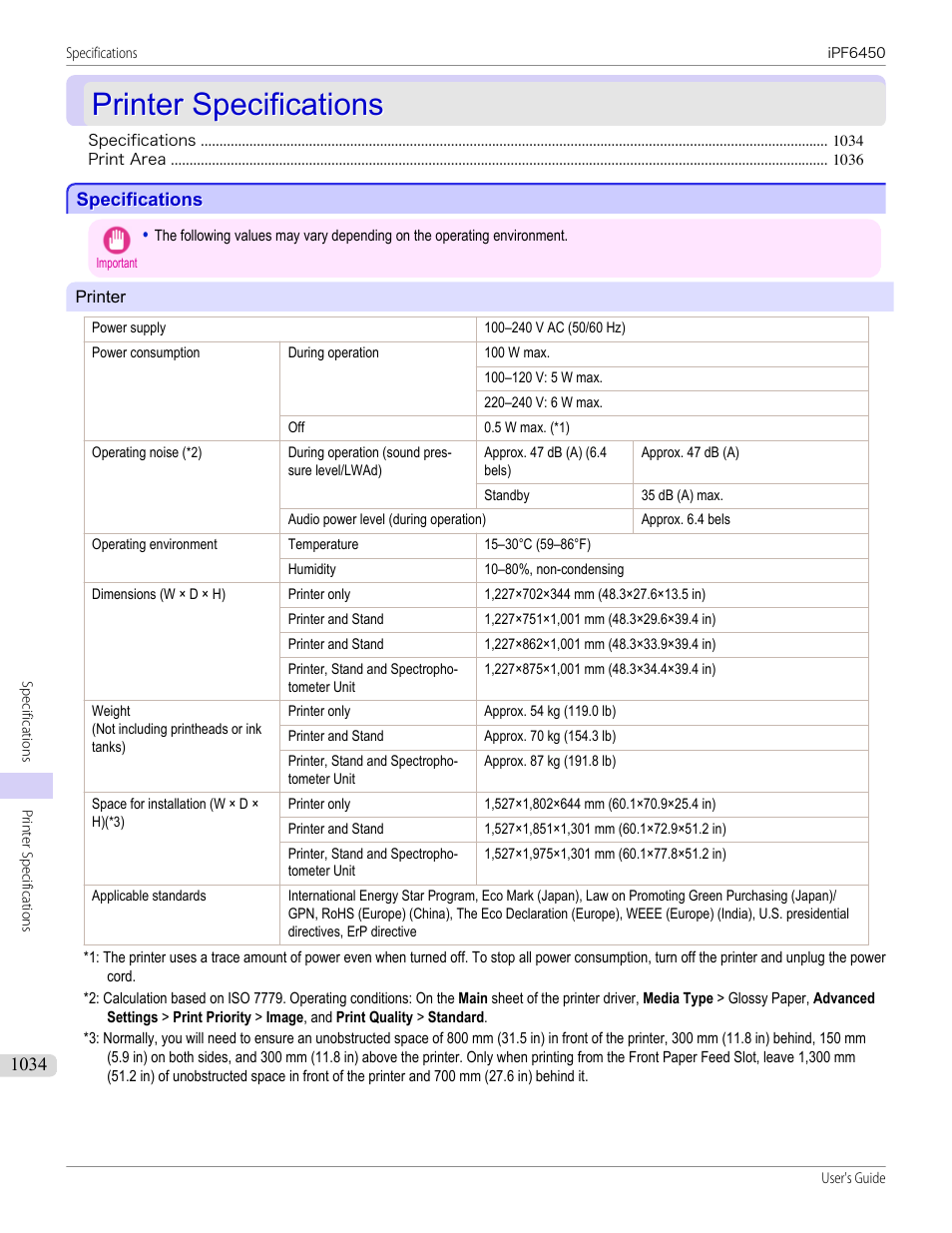 Printer specifications, Specifications, Specifications 4 | See "specifications."), P.1034, See "specifications, Printer specifications 4 | Canon imagePROGRAF iPF6450 User Manual | Page 1034 / 1066