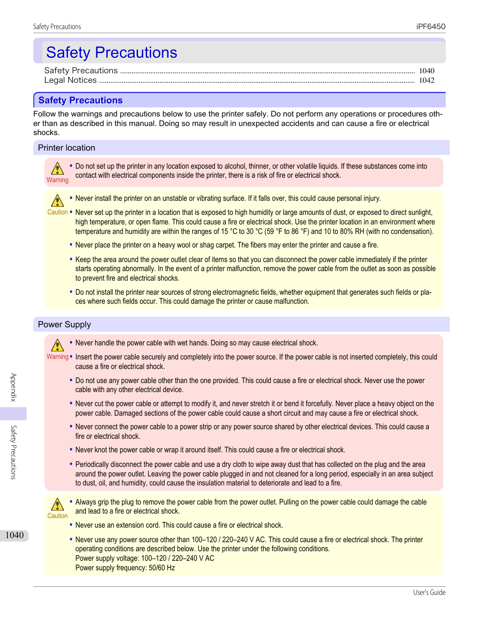 Safety precautions, Safety precautions 0 | Canon imagePROGRAF iPF6450 User Manual | Page 1040 / 1066