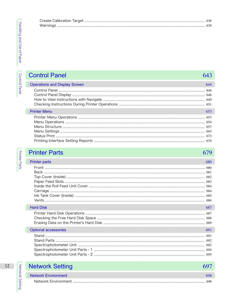 Control panel 643, Printer parts 679, Network setting 697 | Canon imagePROGRAF iPF6450 User Manual | Page 12 / 1066