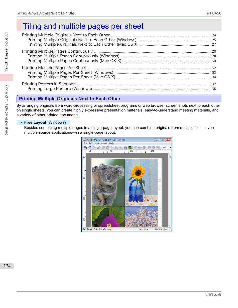 Printing multiple originals next to each other, P.124, Tiling and multiple pages per sheet | Canon imagePROGRAF iPF6450 User Manual | Page 124 / 1066