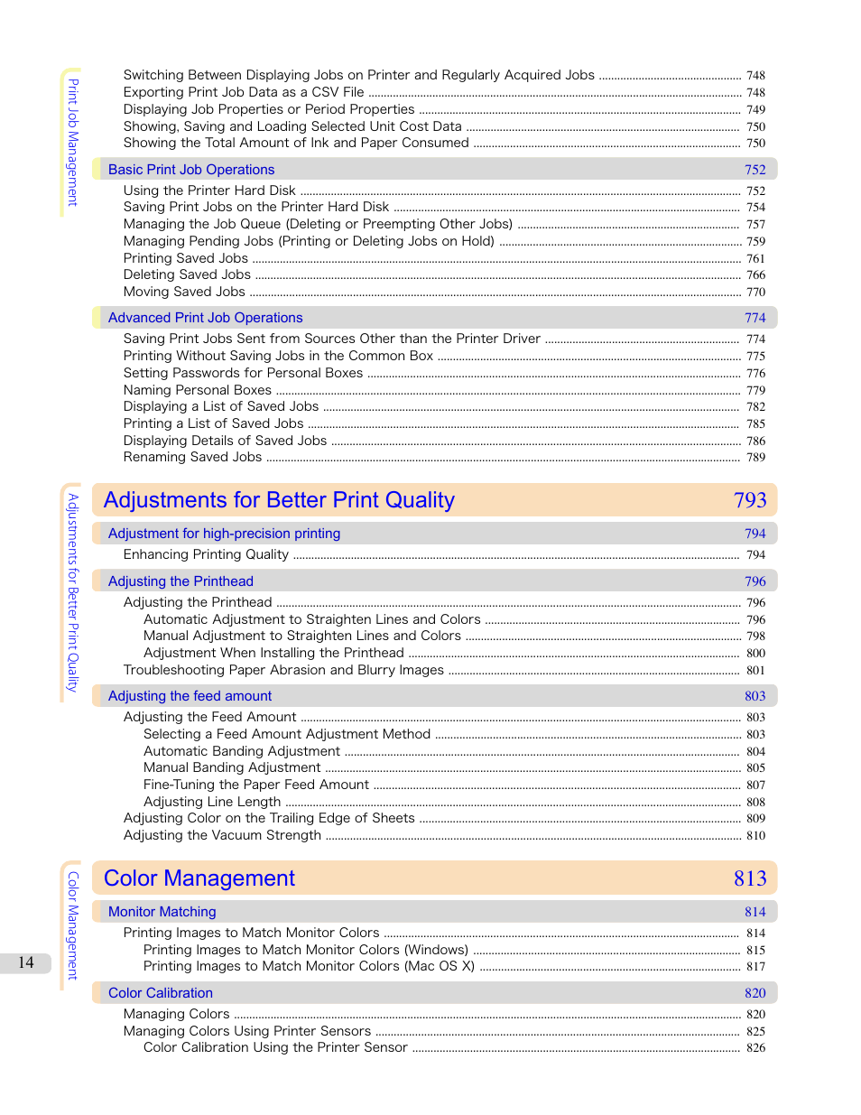 Adjustments for better print quality 793, Color management 813 | Canon imagePROGRAF iPF6450 User Manual | Page 14 / 1066