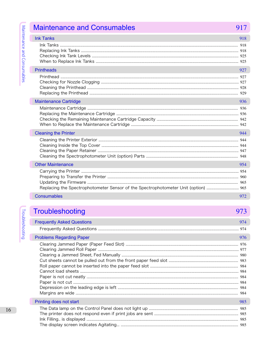Maintenance and consumables 917, Troubleshooting 973 | Canon imagePROGRAF iPF6450 User Manual | Page 16 / 1066
