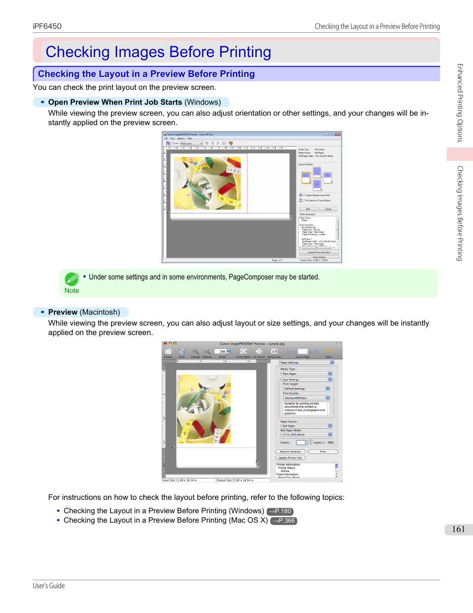 Checking images before printing, Checking the layout in a preview before printing | Canon imagePROGRAF iPF6450 User Manual | Page 161 / 1066