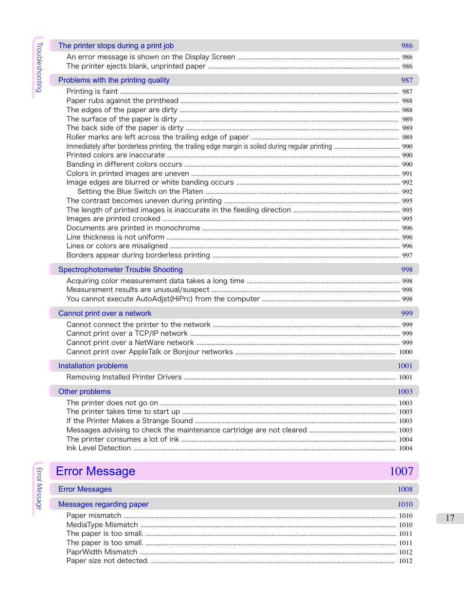 Error message 1007 | Canon imagePROGRAF iPF6450 User Manual | Page 17 / 1066