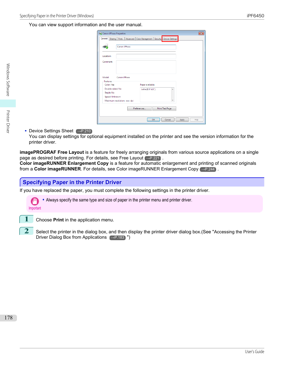 Specifying paper in the printer driver, Specifying paper in the printer driver (windows), P.178 | Driver (windows) | Canon imagePROGRAF iPF6450 User Manual | Page 178 / 1066