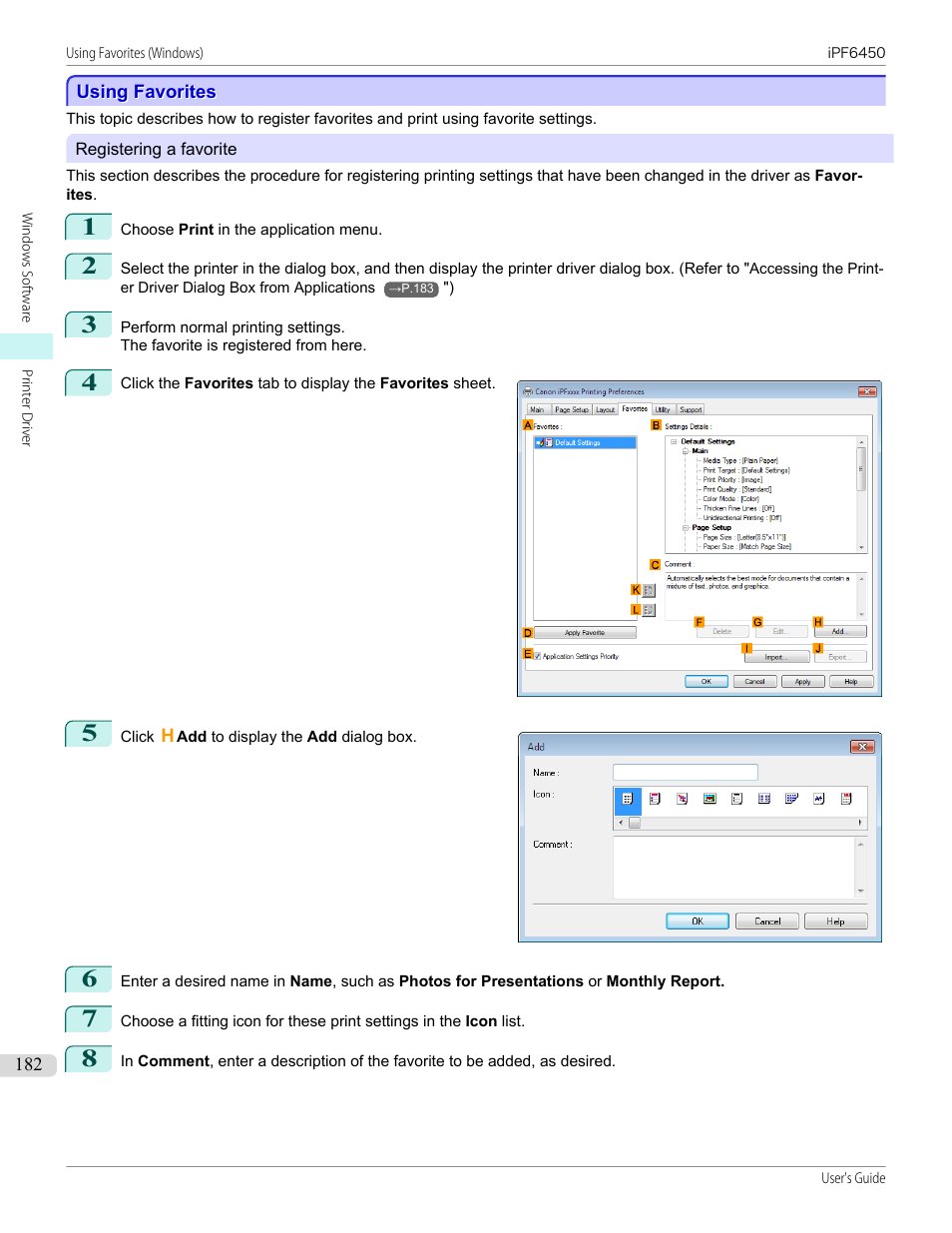 Using favorites, Using favorites (windows), P.182 | Canon imagePROGRAF iPF6450 User Manual | Page 182 / 1066