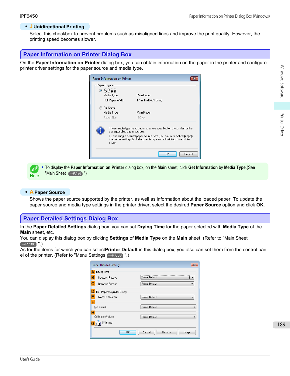 Paper information on printer dialog box, Paper detailed settings dialog box, P.189 | Canon imagePROGRAF iPF6450 User Manual | Page 189 / 1066