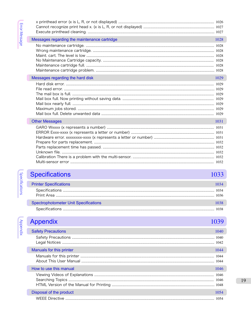 Specifications 1033, Appendix 1039 | Canon imagePROGRAF iPF6450 User Manual | Page 19 / 1066