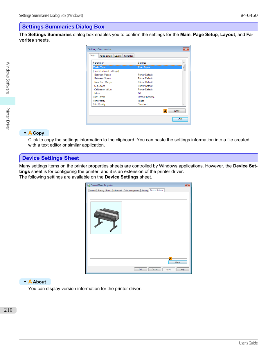 Settings summaries dialog box, Device settings sheet, P.210 | Canon imagePROGRAF iPF6450 User Manual | Page 210 / 1066