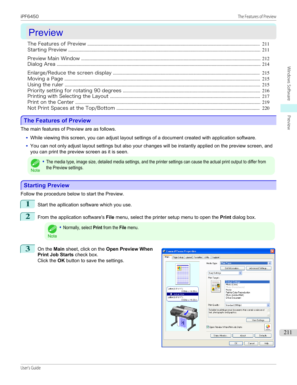 Preview, The features of preview, Starting preview | The features of preview starting preview | Canon imagePROGRAF iPF6450 User Manual | Page 211 / 1066