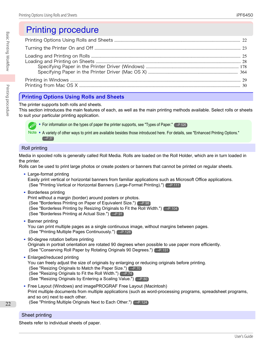Printing procedure, Printing options using rolls and sheets | Canon imagePROGRAF iPF6450 User Manual | Page 22 / 1066