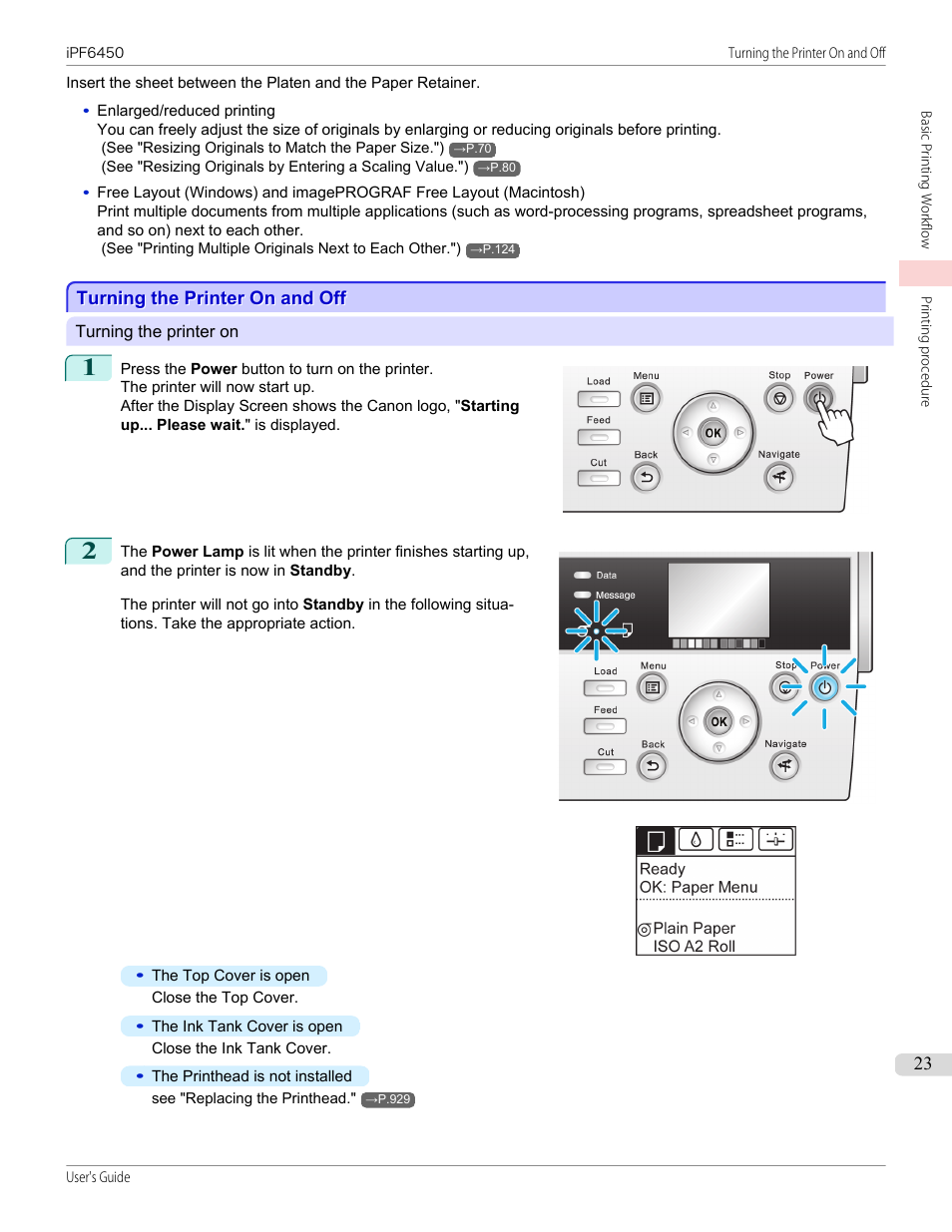 Turning the printer on and off | Canon imagePROGRAF iPF6450 User Manual | Page 23 / 1066