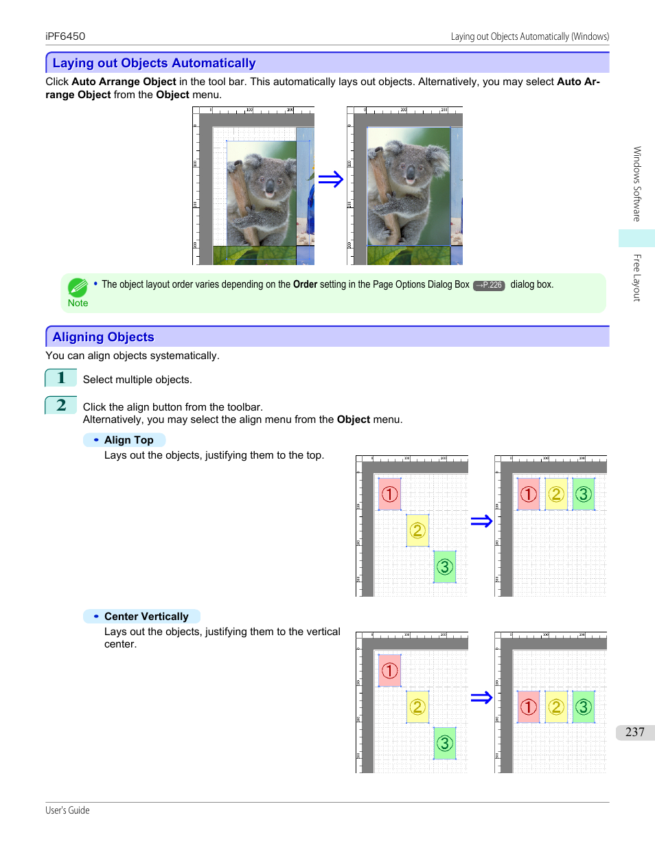 Laying out objects automatically, Aligning objects, Laying out objects automatically aligning objects | Canon imagePROGRAF iPF6450 User Manual | Page 237 / 1066