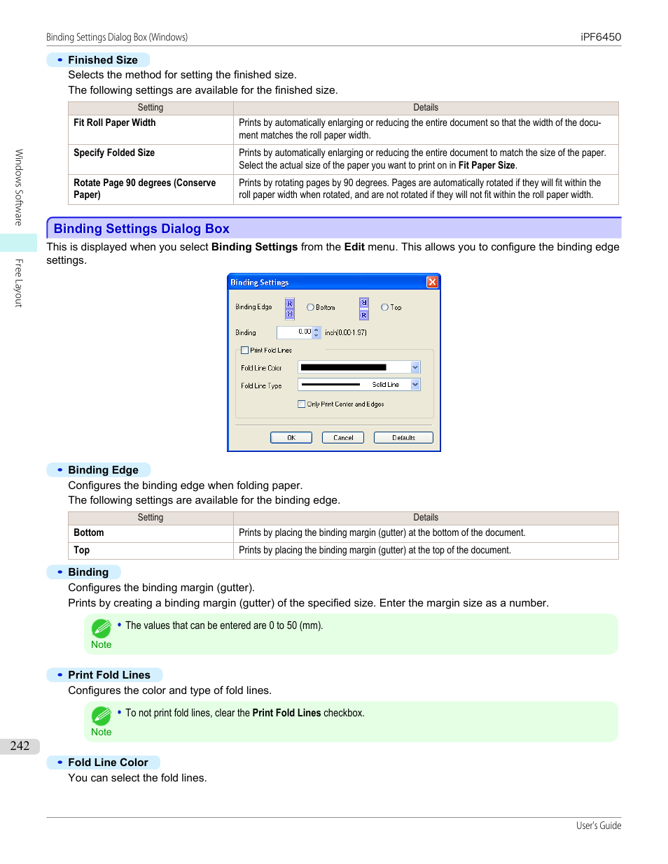Binding settings dialog box | Canon imagePROGRAF iPF6450 User Manual | Page 242 / 1066