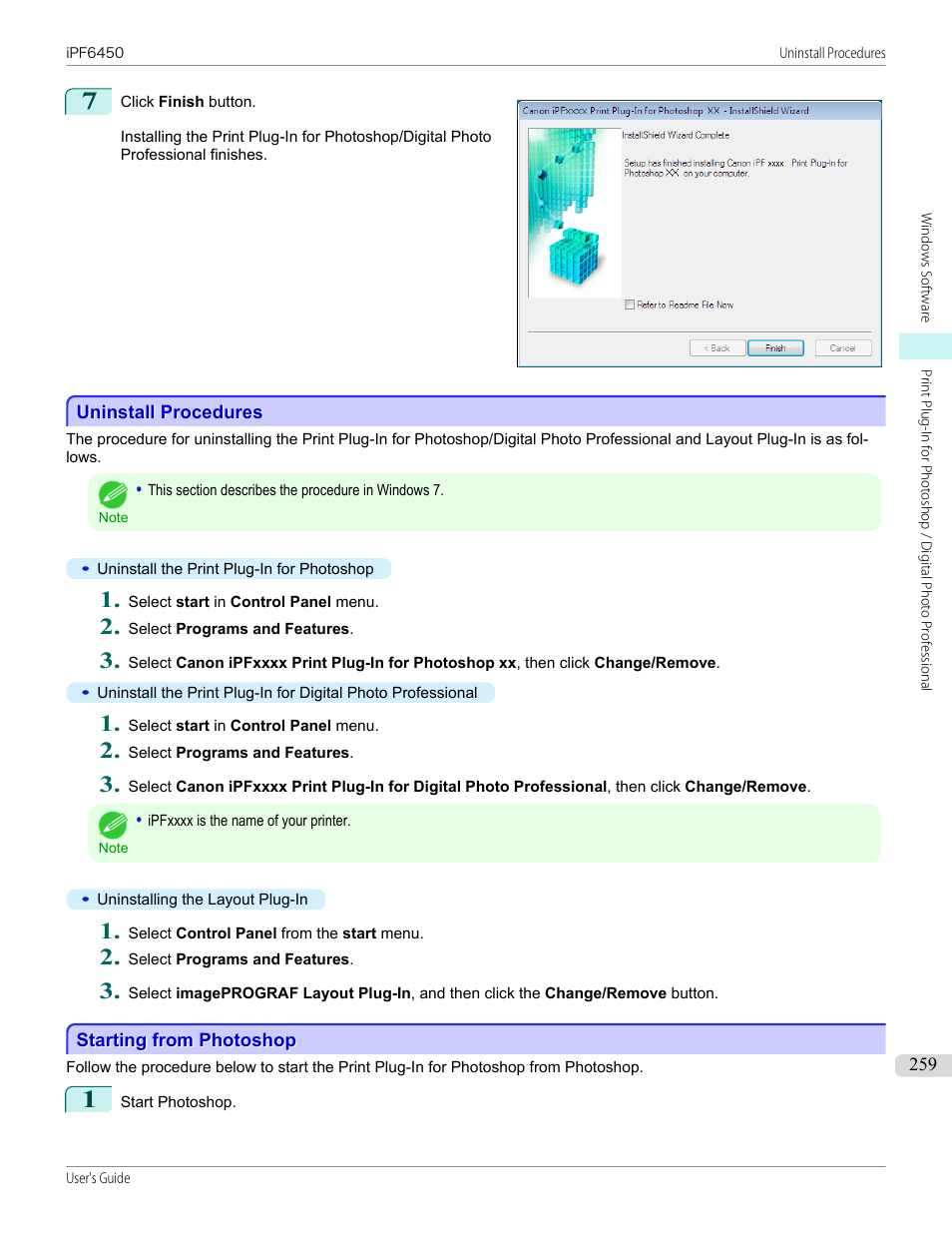 Uninstall procedures, Starting from photoshop, Uninstall procedures starting from photoshop | Canon imagePROGRAF iPF6450 User Manual | Page 259 / 1066