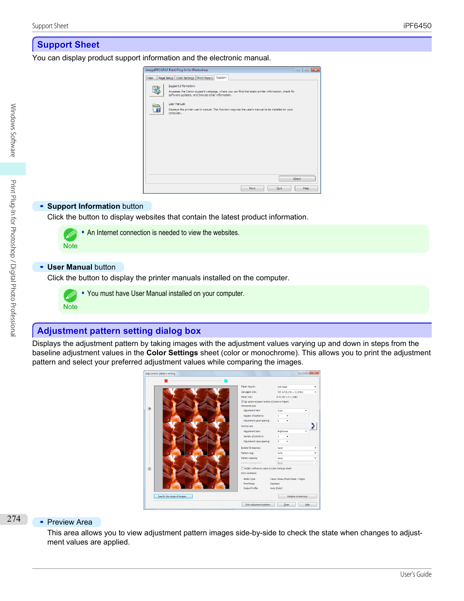 Support sheet, Adjustment pattern setting dialog box, See "adjustment pattern setting dialog box.") | P.274, See "adjustment pattern setting dialog box | Canon imagePROGRAF iPF6450 User Manual | Page 274 / 1066