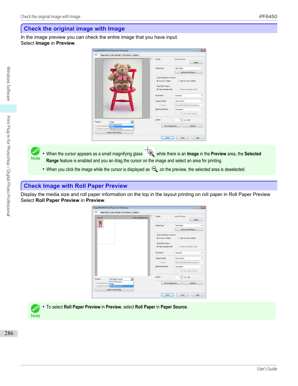 Check the original image with image, Check image with roll paper preview, P.286 | Canon imagePROGRAF iPF6450 User Manual | Page 286 / 1066