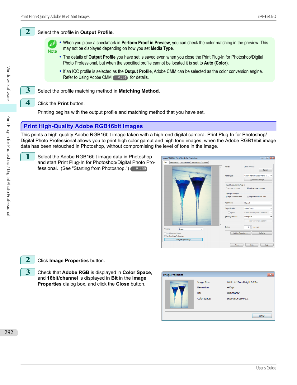 Print high-quality adobe rgb16bit images, P.292 | Canon imagePROGRAF iPF6450 User Manual | Page 292 / 1066