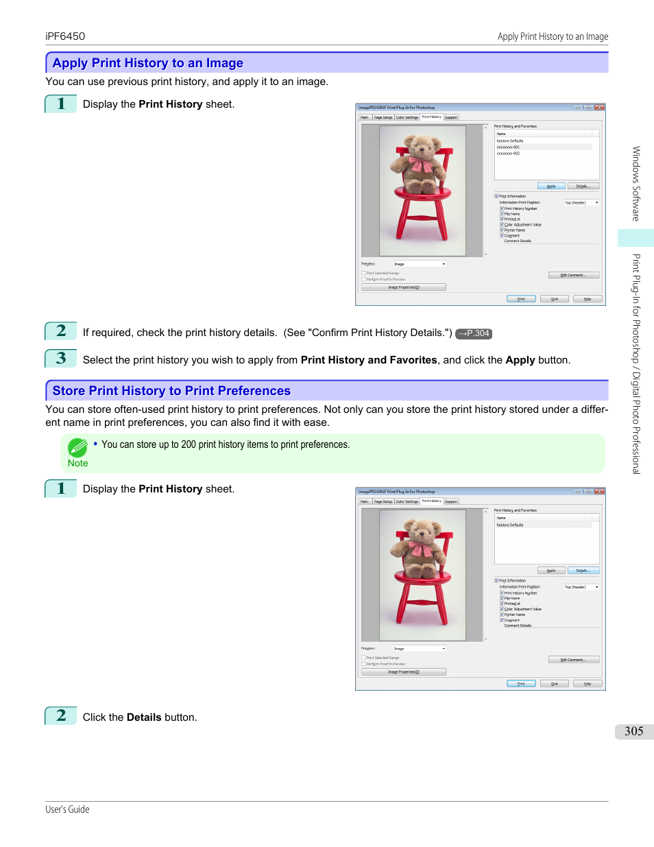 Apply print history to an image, Store print history to print preferences, P.305 | Canon imagePROGRAF iPF6450 User Manual | Page 305 / 1066