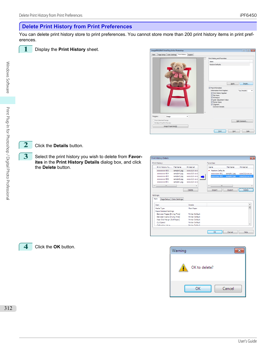 Delete print history from print preferences, P.312 | Canon imagePROGRAF iPF6450 User Manual | Page 312 / 1066