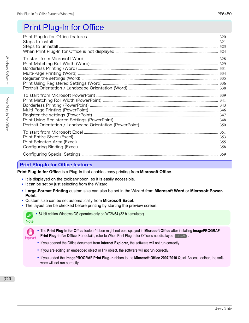 Print plug-in for office, Print plug-in for office features, Print plug-in for office features (windows) | P.320 | Canon imagePROGRAF iPF6450 User Manual | Page 320 / 1066