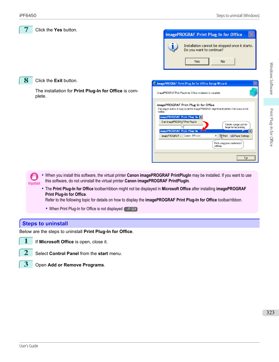 Steps to uninstall | Canon imagePROGRAF iPF6450 User Manual | Page 323 / 1066