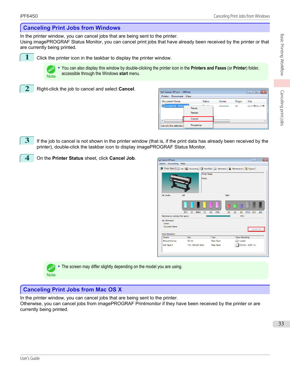 Canceling print jobs from windows, Canceling print jobs from mac os x | Canon imagePROGRAF iPF6450 User Manual | Page 33 / 1066